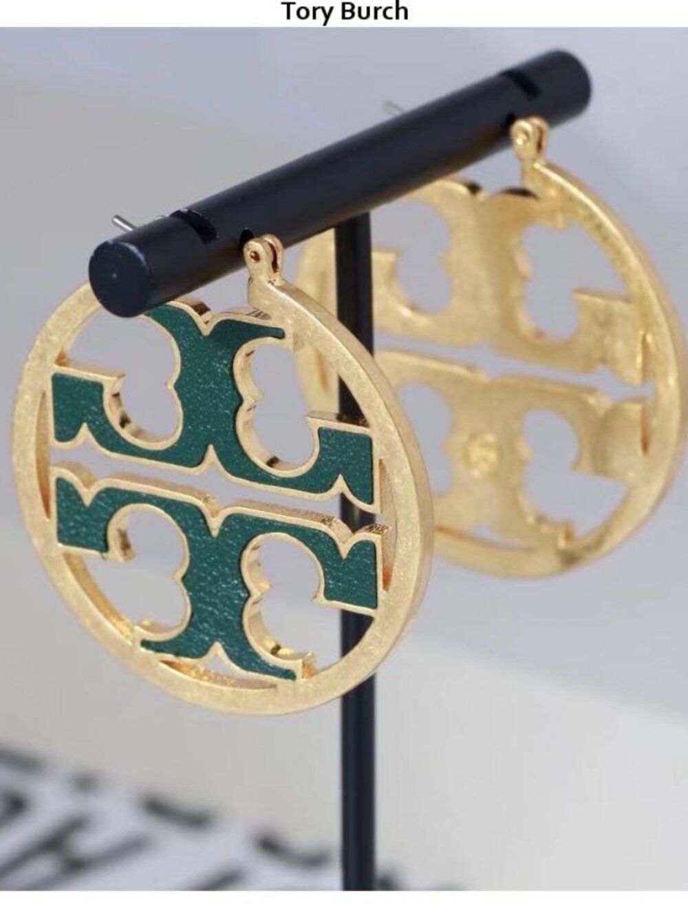 Tory Burch Gold-Tone Hoop Earrings with Green Logo Inset